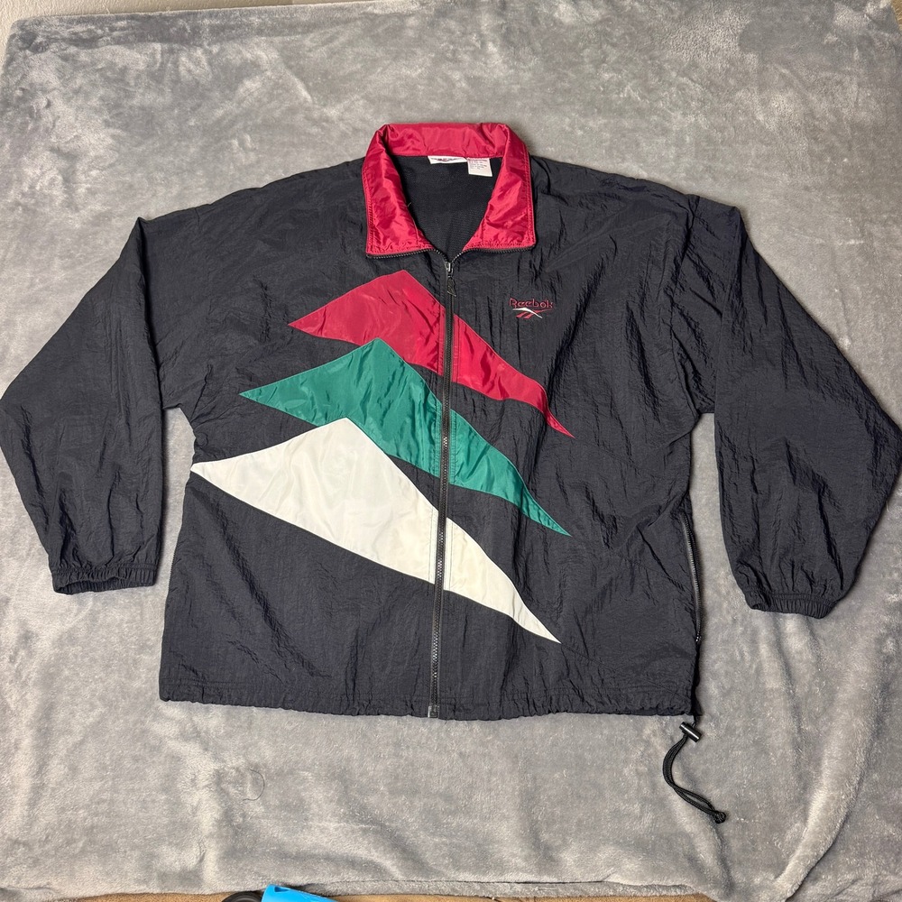 Vintage Reebok Windbreaker Jacket XL Black Red Green Colorblock 90s Track Jacket